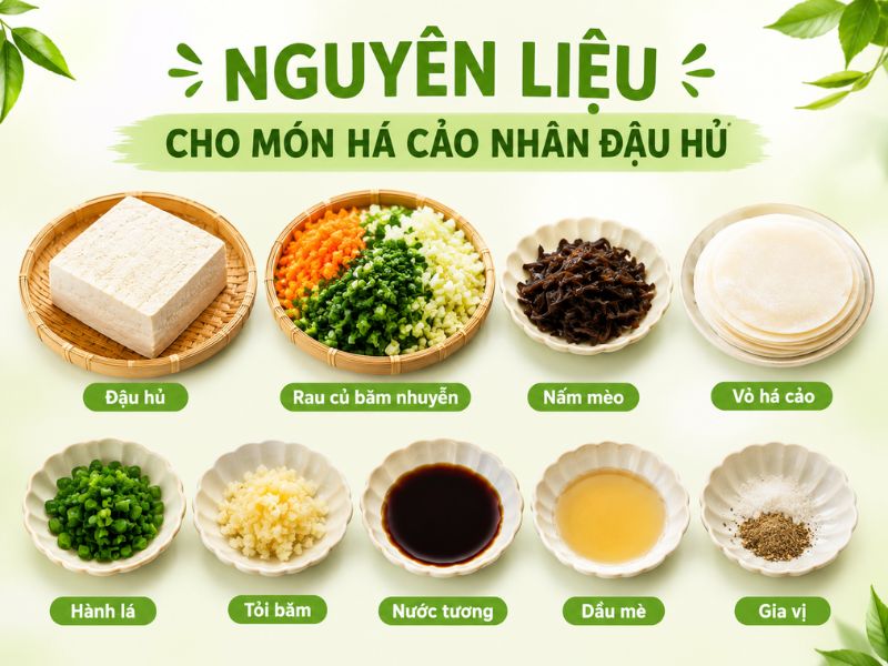 Nguyên liệu chuẩn bị cho món há cảo nhân đậu hủ Nguyên liệu chuẩn bị cho món há cảo nhân đậu hủ