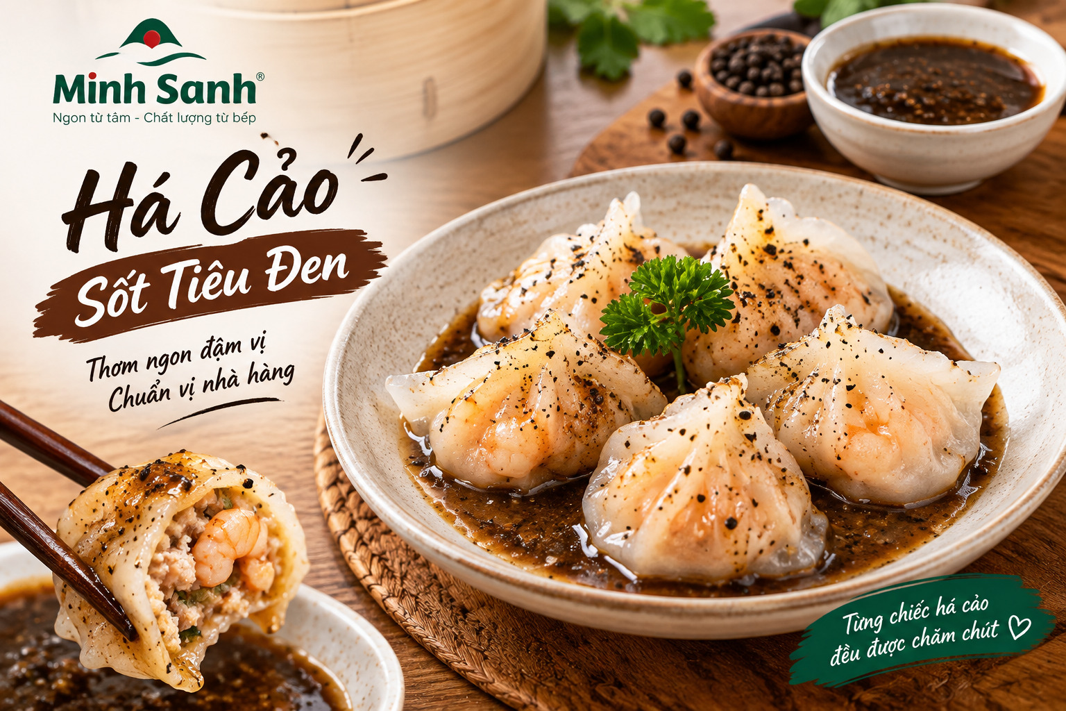 Há cảo sốt tiêu đen tại Minh Sanh luôn sử dụng nguyên liệu tươi sạch Há cảo sốt tiêu đen tại Minh Sanh luôn sử dụng nguyên liệu tươi sạch