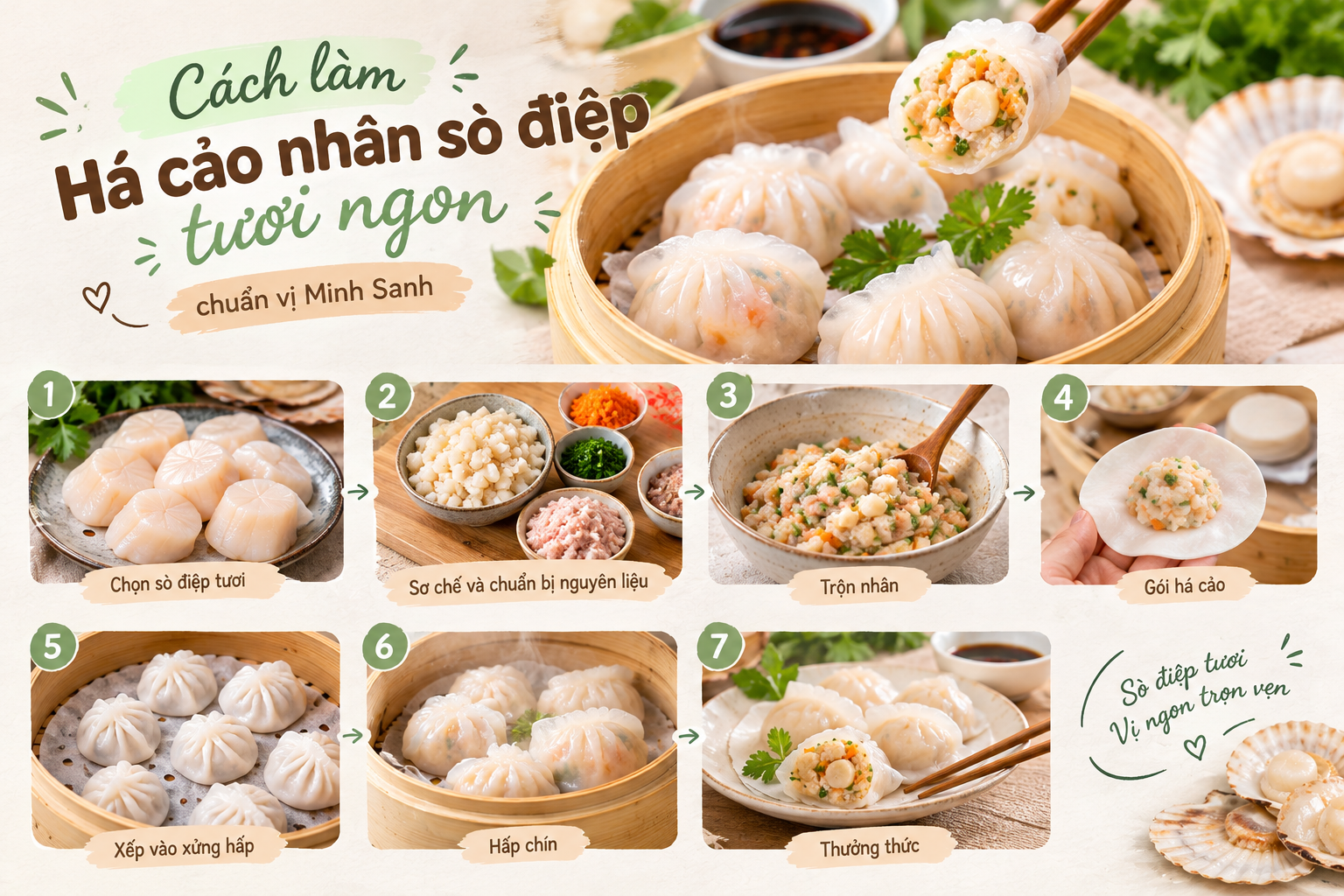 Cách làm há cảo nhân sò điệp tươi ngon chuẩn vị Cách làm há cảo nhân sò điệp tươi ngon chuẩn vị