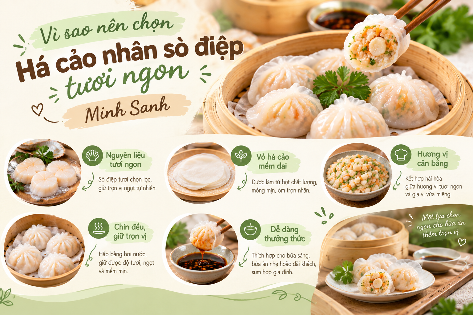 Vì sao nên chọn há cảo nhân sò điệp tươi ngon Minh Sanh? Vì sao nên chọn há cảo nhân sò điệp tươi ngon Minh Sanh?