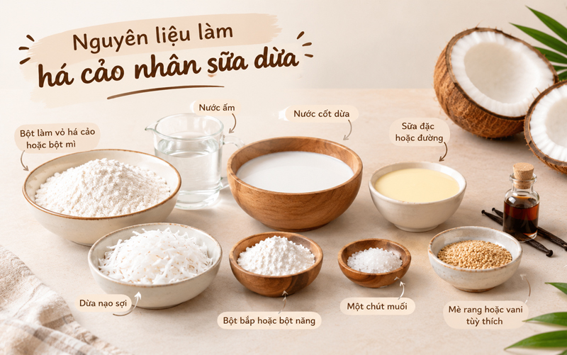 Nguyên liệu làm há cảo nhân sữa dừa Nguyên liệu làm há cảo nhân sữa dừa