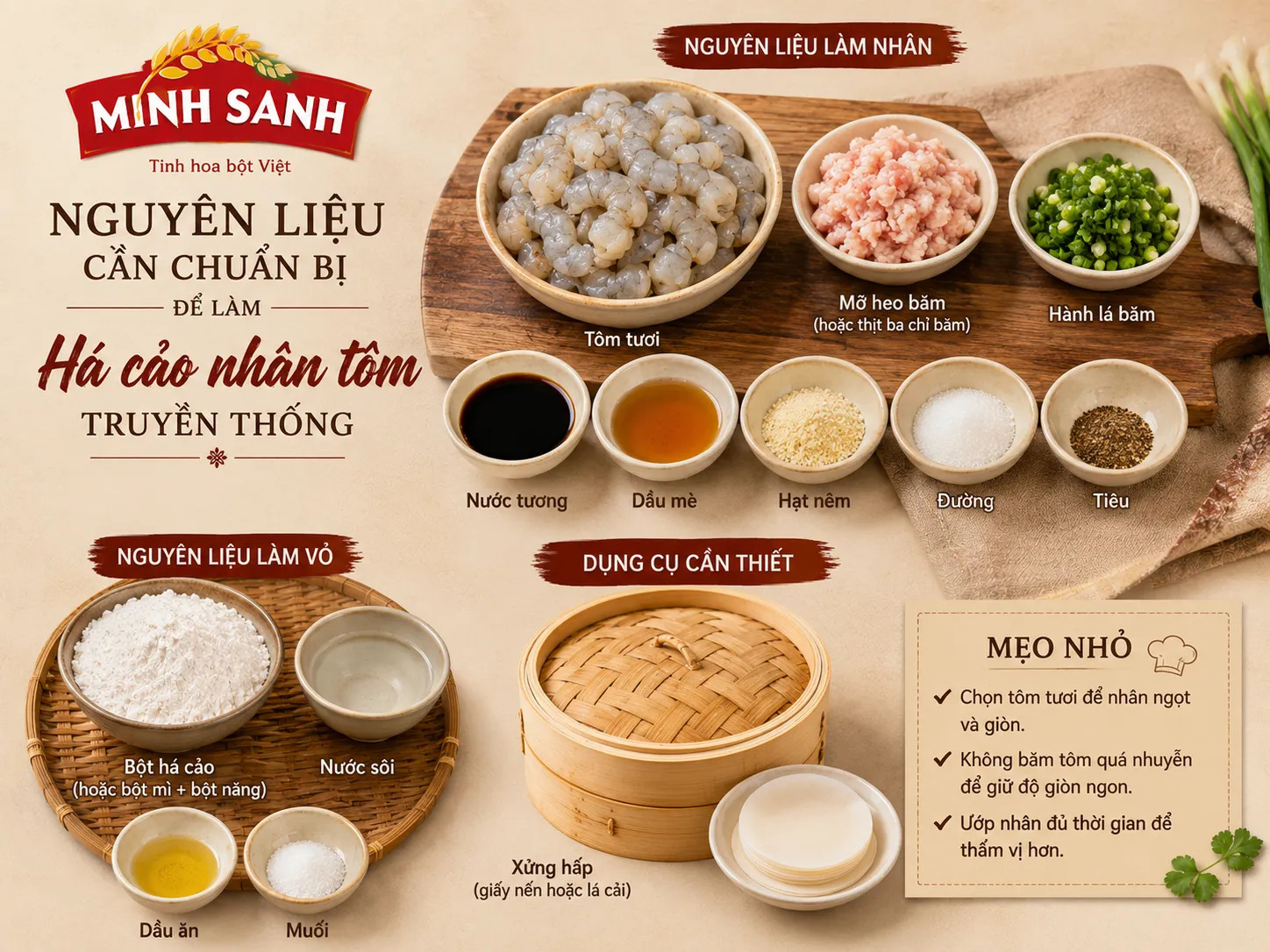 Nguyên liệu cần chuẩn bị để làm há cảo nhân tôm truyền thống Nguyên liệu cần chuẩn bị để làm há cảo nhân tôm truyền thống
